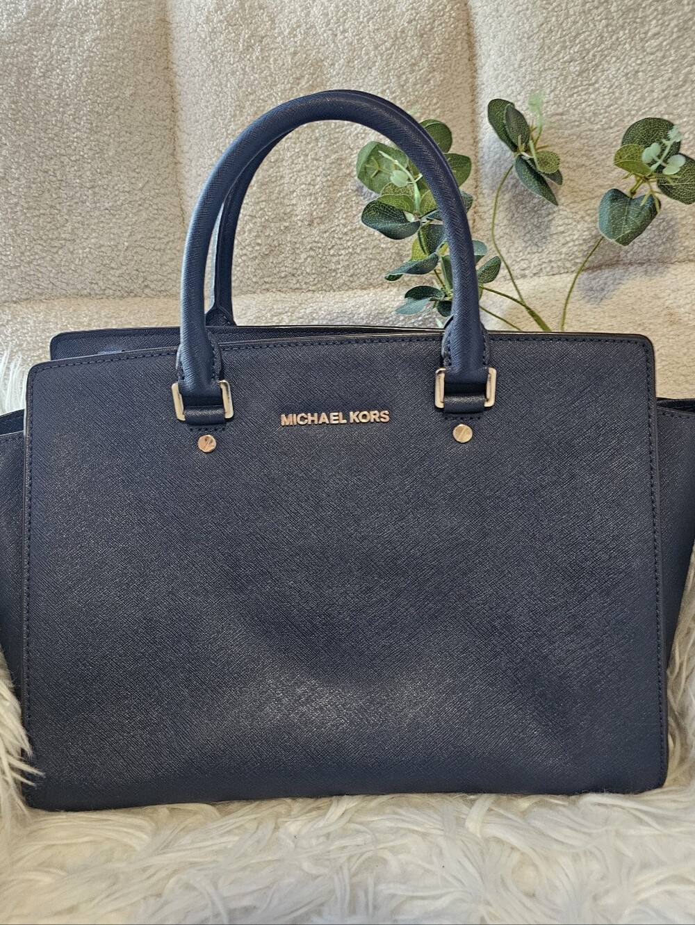 Michael Kors Navy Saffiano Leather Tote with Gold Hardware